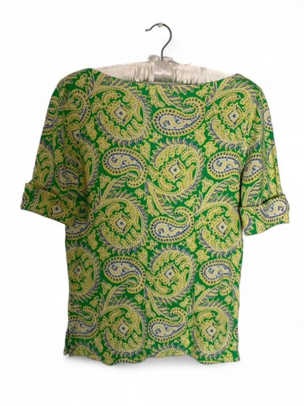 Lauren Ralph Lauren Green & Yellow Paisley Boat Neck Top - Size S - EUC